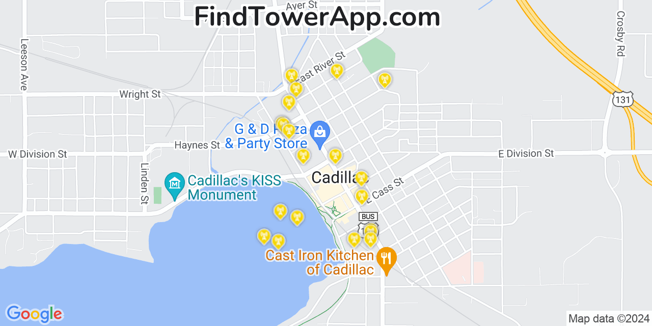 AT&T 4G/5G cell tower coverage map Cadillac, Michigan