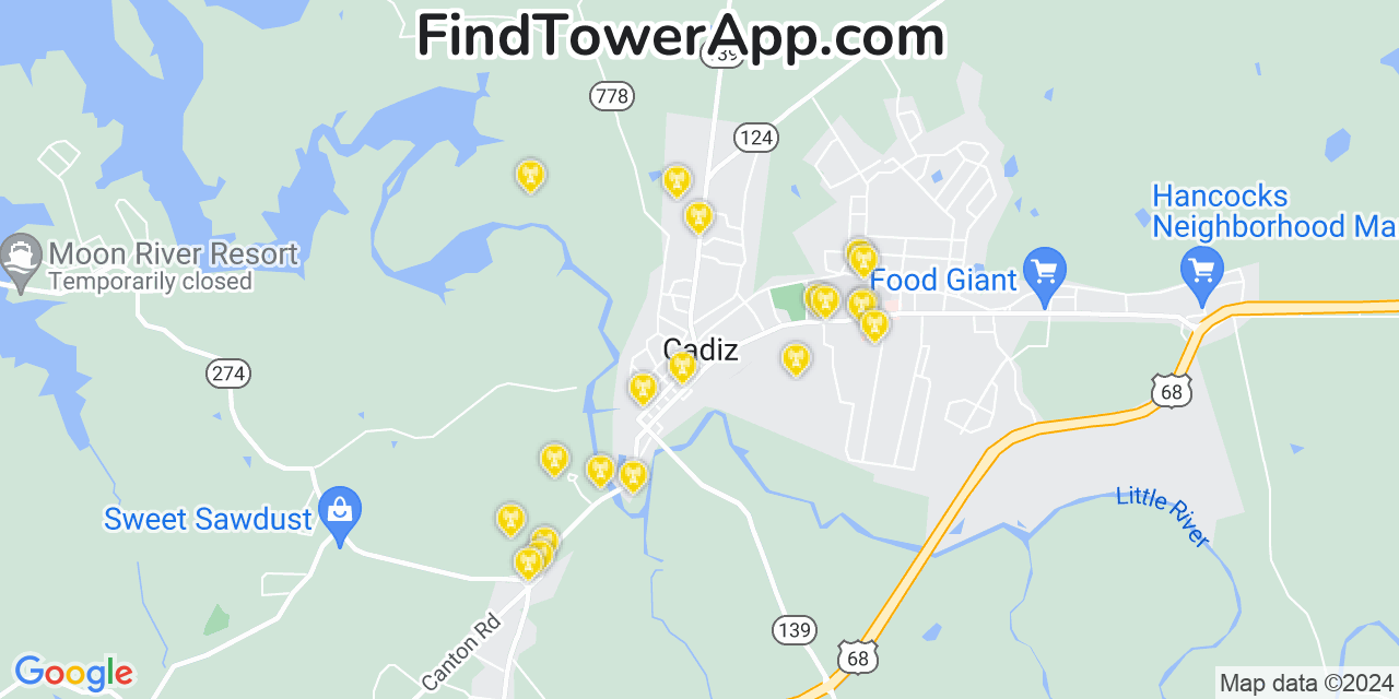 AT&T 4G/5G cell tower coverage map Cadiz, Kentucky