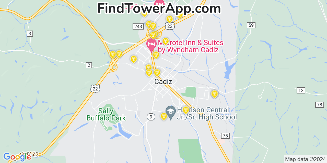 AT&T 4G/5G cell tower coverage map Cadiz, Ohio
