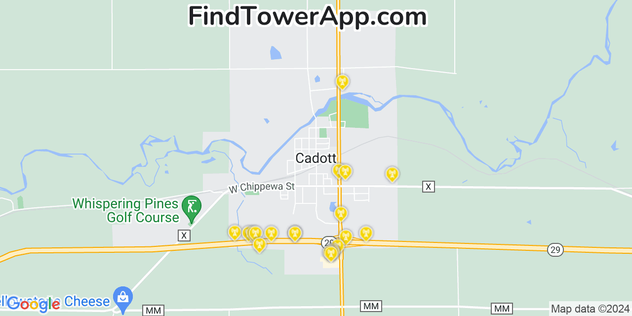 AT&T 4G/5G cell tower coverage map Cadott, Wisconsin