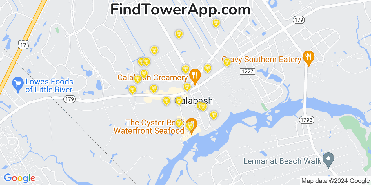 AT&T 4G/5G cell tower coverage map Calabash, North Carolina