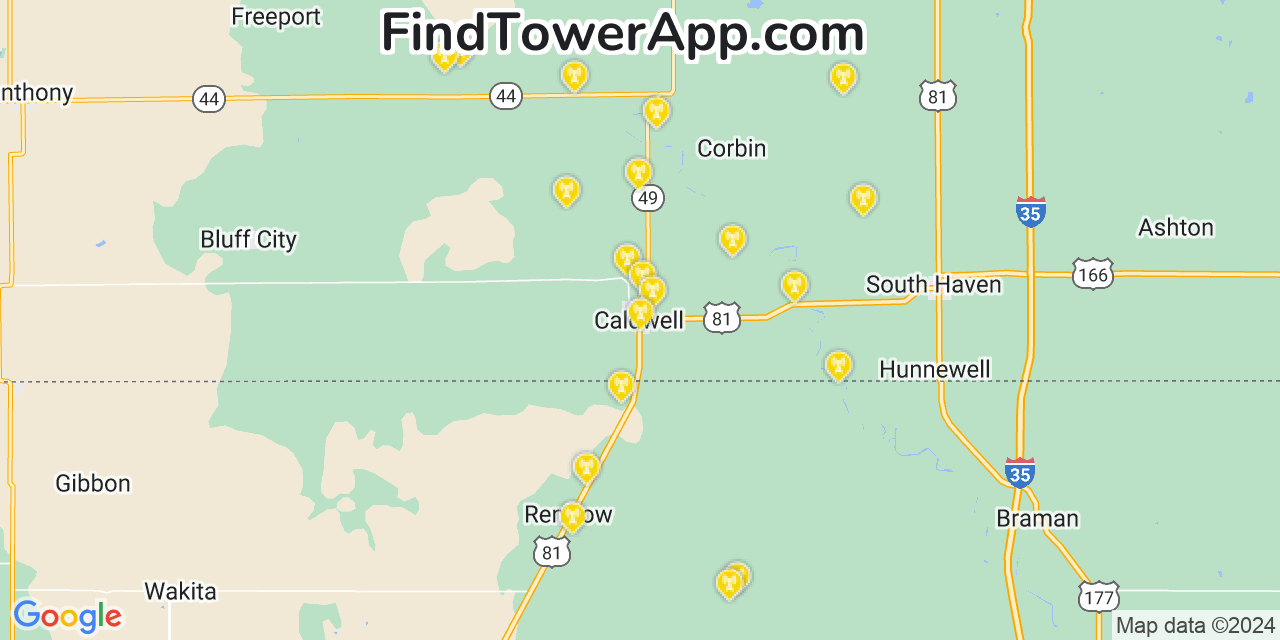 AT&T 4G/5G cell tower coverage map Caldwell, Kansas