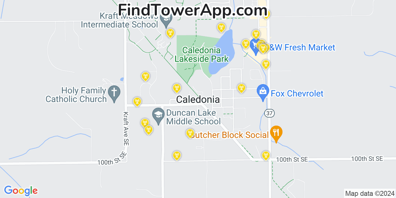 AT&T 4G/5G cell tower coverage map Caledonia, Michigan