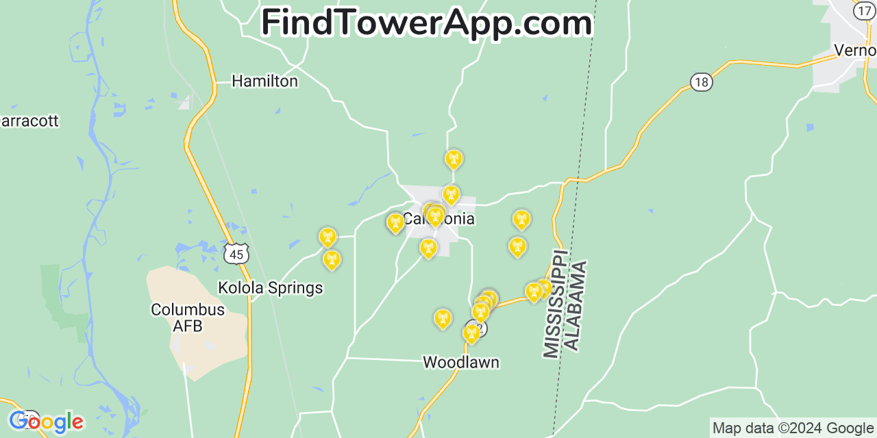AT&T 4G/5G cell tower coverage map Caledonia, Mississippi
