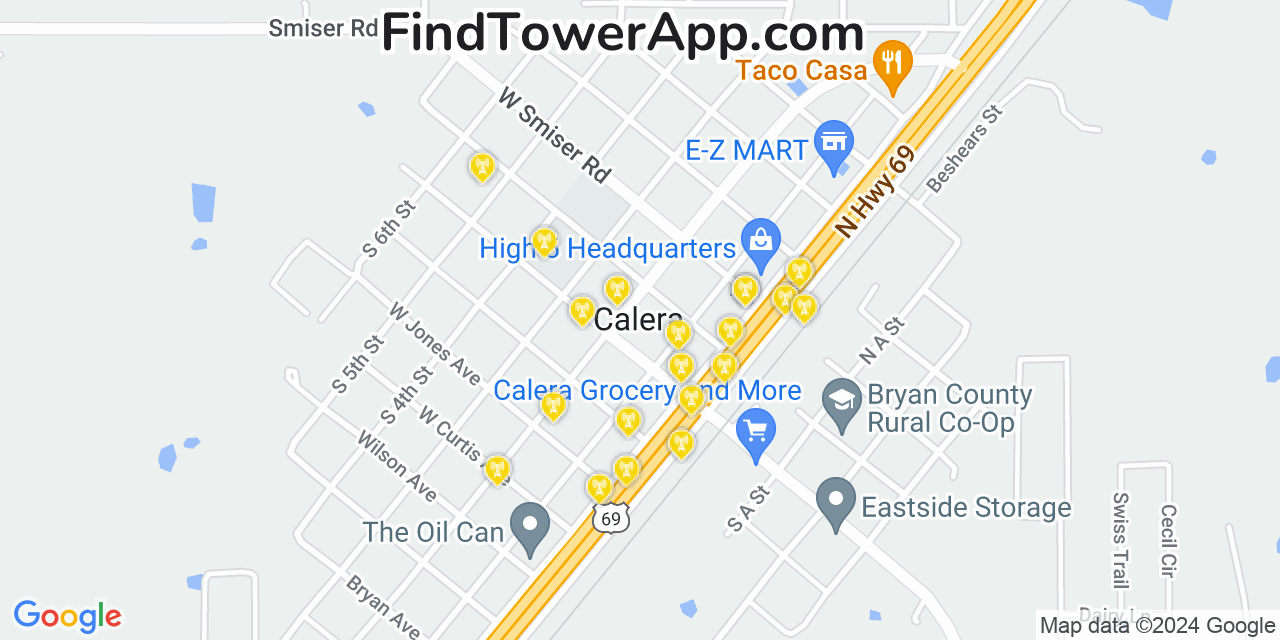 AT&T 4G/5G cell tower coverage map Calera, Oklahoma