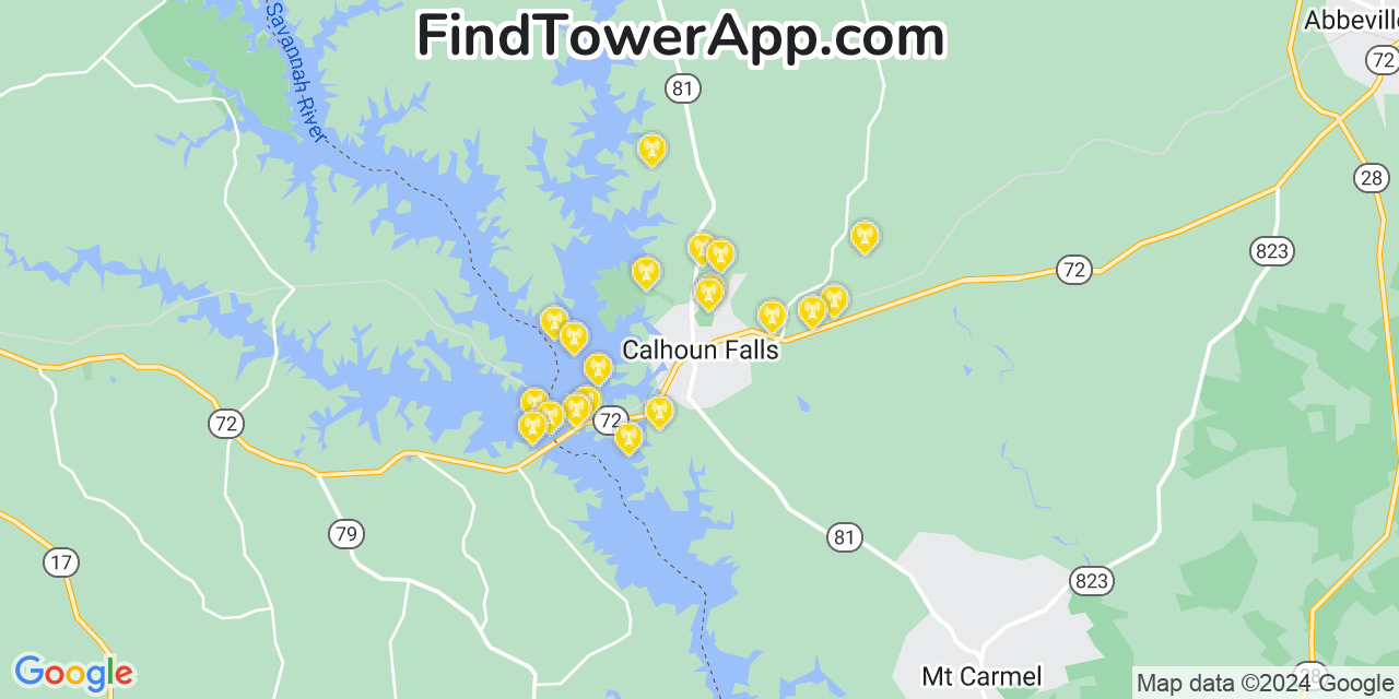 AT&T 4G/5G cell tower coverage map Calhoun Falls, South Carolina