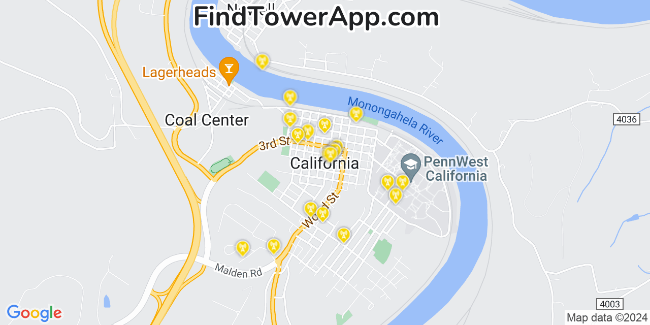 AT&T 4G/5G cell tower coverage map California, Pennsylvania