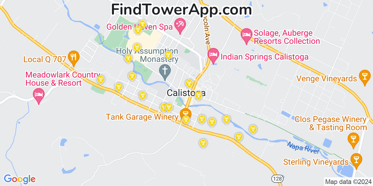 AT&T 4G/5G cell tower coverage map Calistoga, California