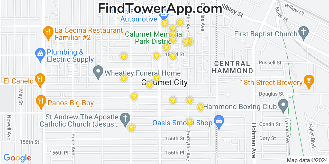 AT&T 4G/5G cell tower coverage map Calumet City, Illinois