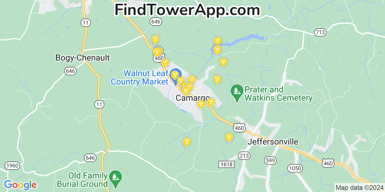 AT&T 4G/5G cell tower coverage map Camargo, Kentucky