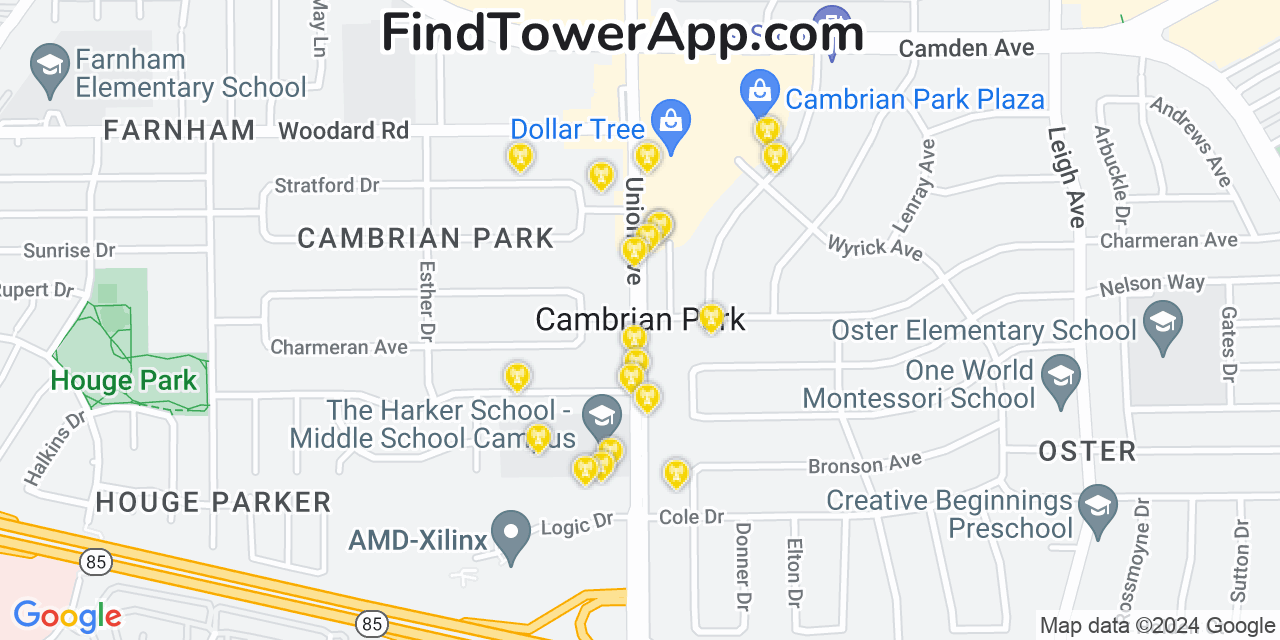 AT&T 4G/5G cell tower coverage map Cambrian Park, California