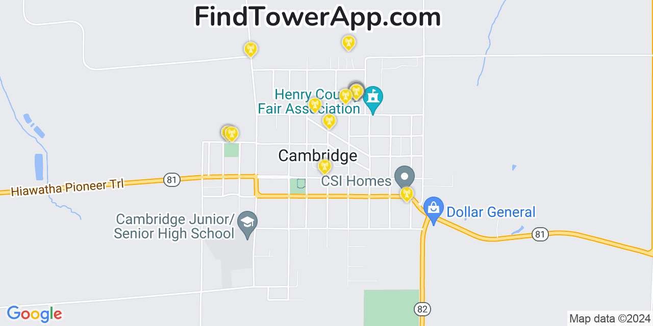 Verizon 4G/5G cell tower coverage map Cambridge, Illinois