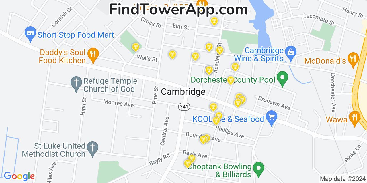 AT&T 4G/5G cell tower coverage map Cambridge, Maryland