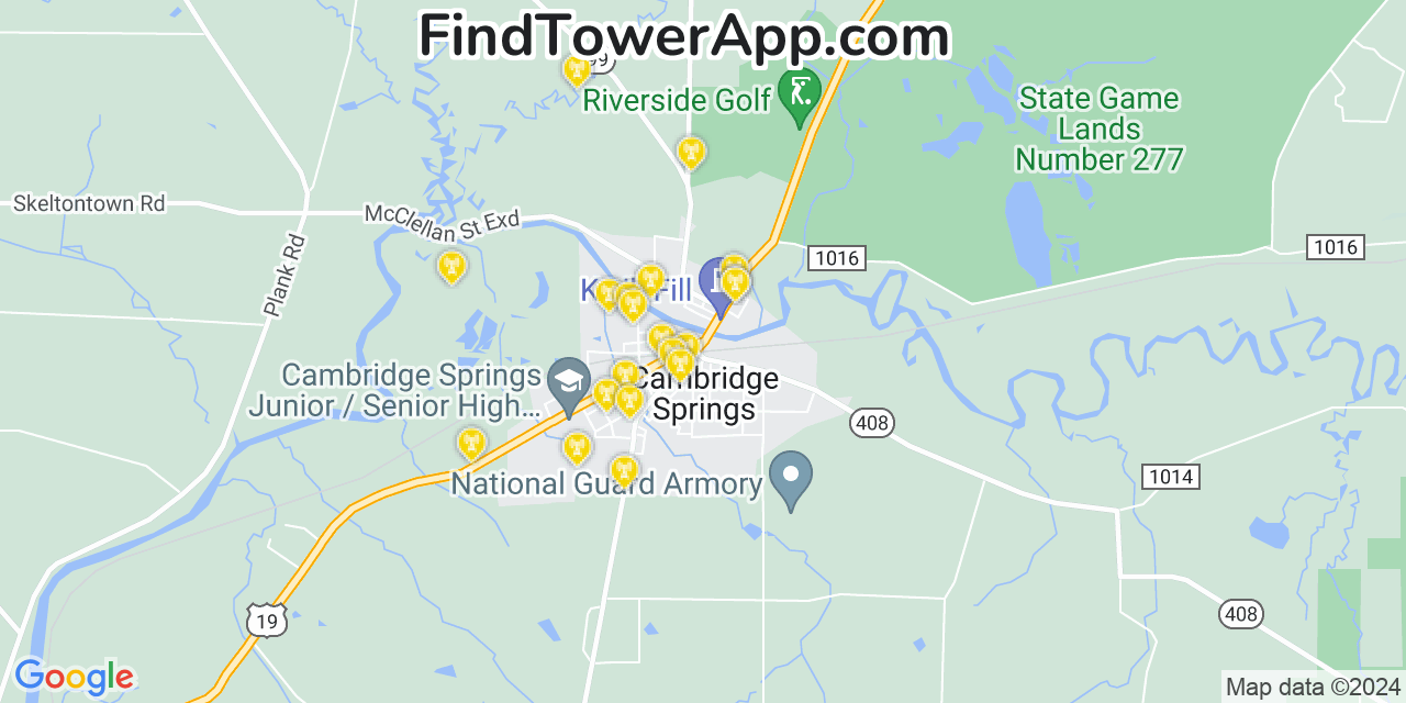 AT&T 4G/5G cell tower coverage map Cambridge Springs, Pennsylvania