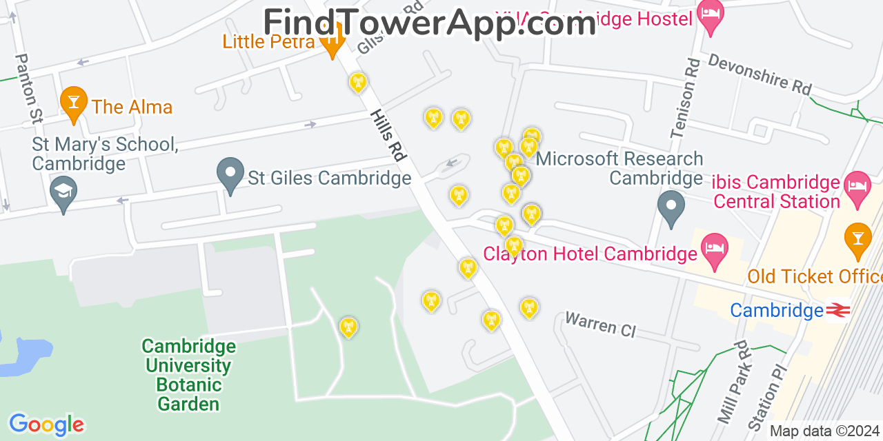 Cambridge (United-Kingdom) 4G/5G cell tower coverage map