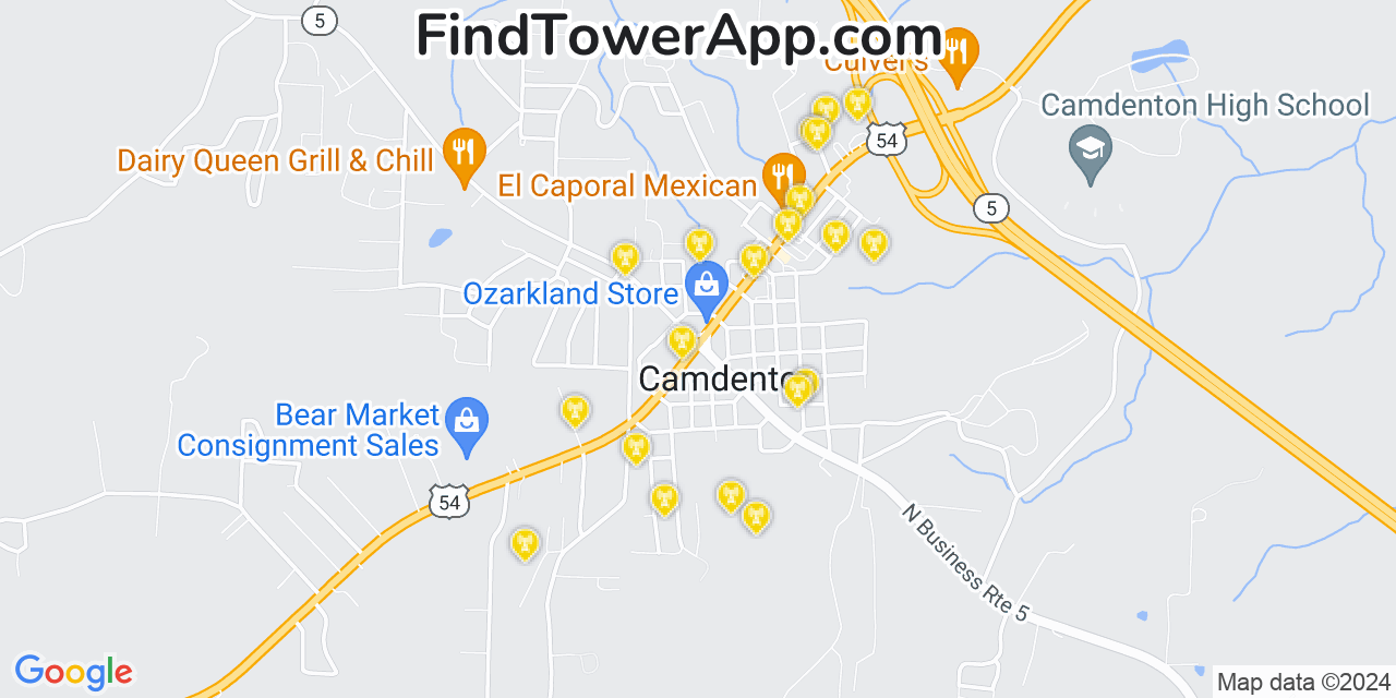 AT&T 4G/5G cell tower coverage map Camdenton, Missouri