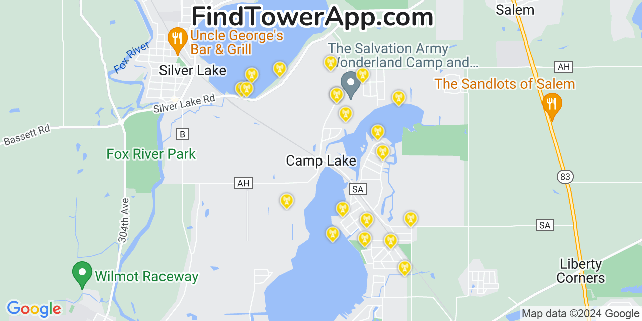 AT&T 4G/5G cell tower coverage map Camp Lake, Wisconsin