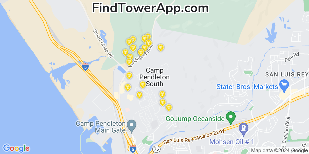 AT&T 4G/5G cell tower coverage map Camp Pendleton South, California