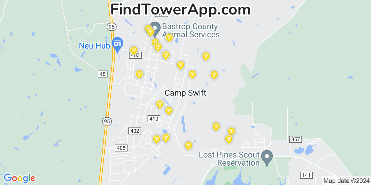 Verizon 4G/5G cell tower coverage map Camp Swift, Texas