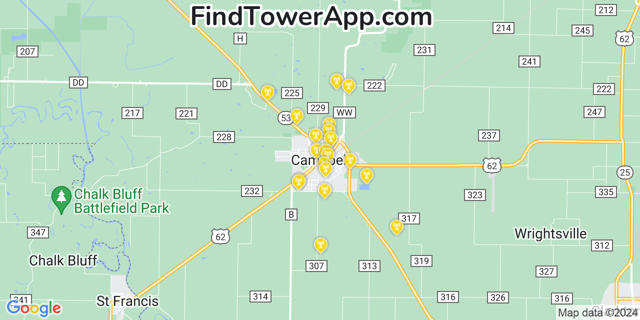 AT&T 4G/5G cell tower coverage map Campbell, Missouri