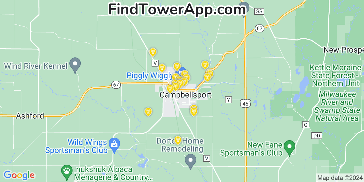 AT&T 4G/5G cell tower coverage map Campbellsport, Wisconsin