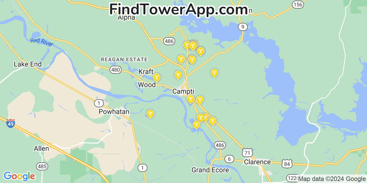 AT&T 4G/5G cell tower coverage map Campti, Louisiana