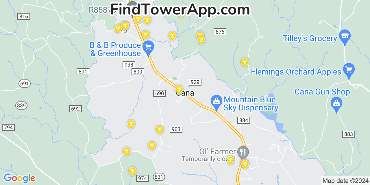 AT&T 4G/5G cell tower coverage map Cana, Virginia