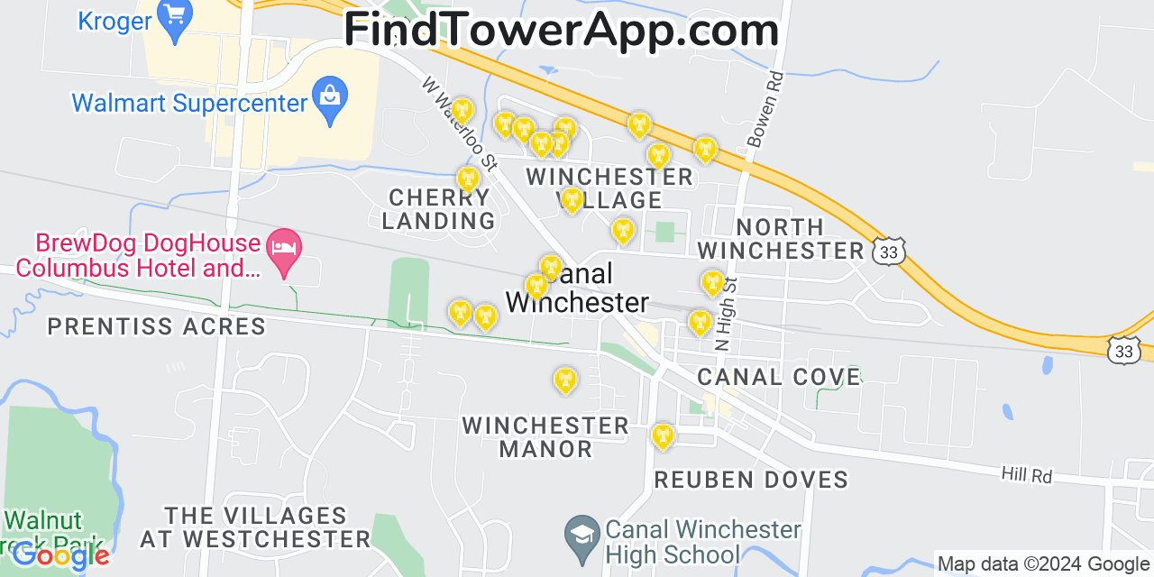 AT&T 4G/5G cell tower coverage map Canal Winchester, Ohio