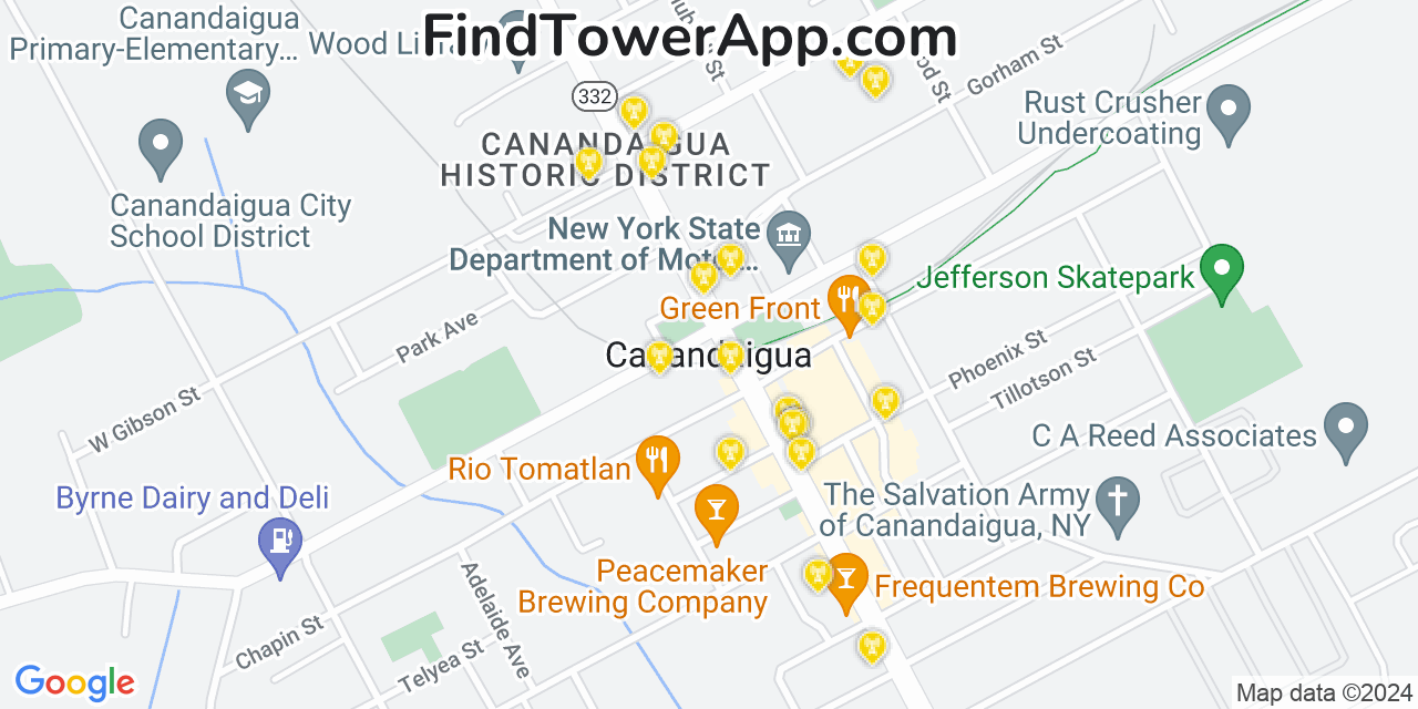 AT&T 4G/5G cell tower coverage map Canandaigua, New York