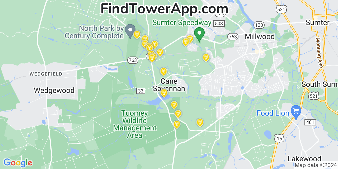 AT&T 4G/5G cell tower coverage map Cane Savannah, South Carolina