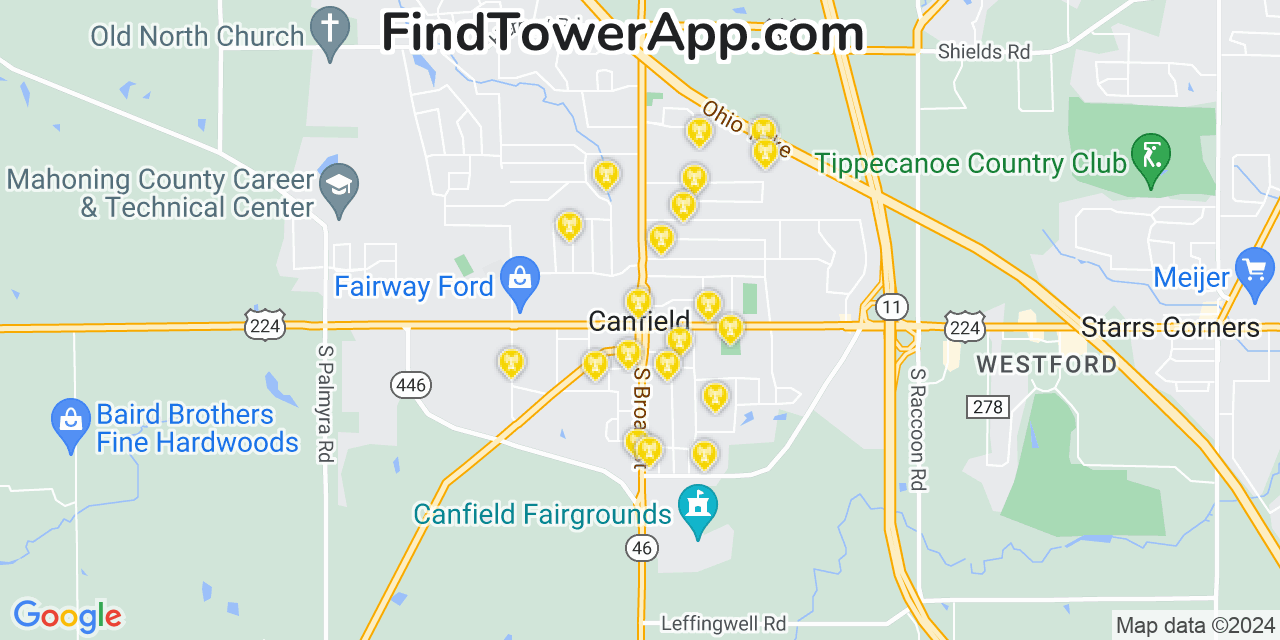 AT&T 4G/5G cell tower coverage map Canfield, Ohio