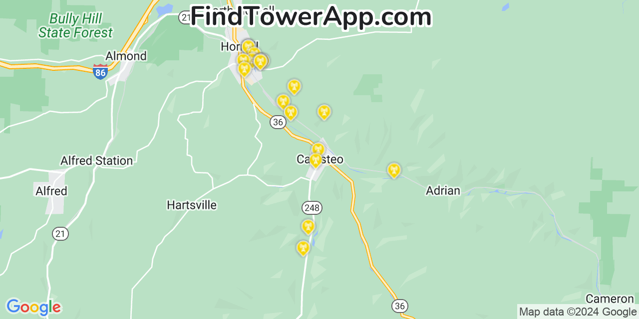 AT&T 4G/5G cell tower coverage map Canisteo, New York