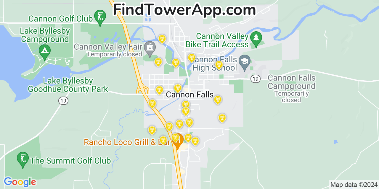 AT&T 4G/5G cell tower coverage map Cannon Falls, Minnesota