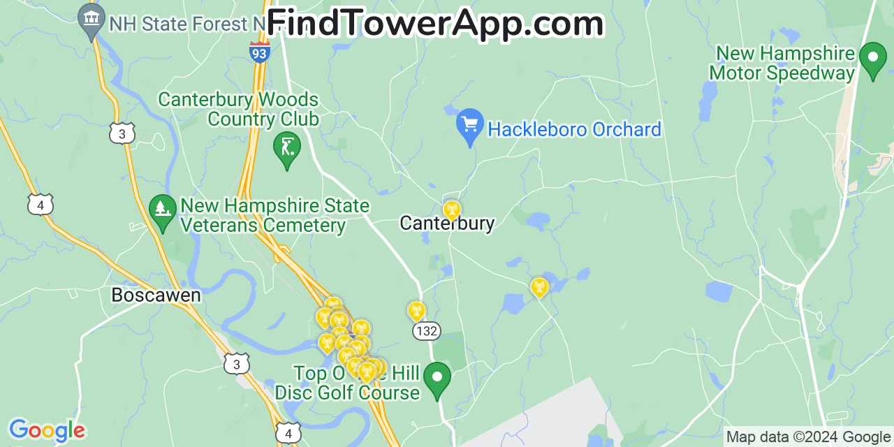 AT&T 4G/5G cell tower coverage map Canterbury, New Hampshire