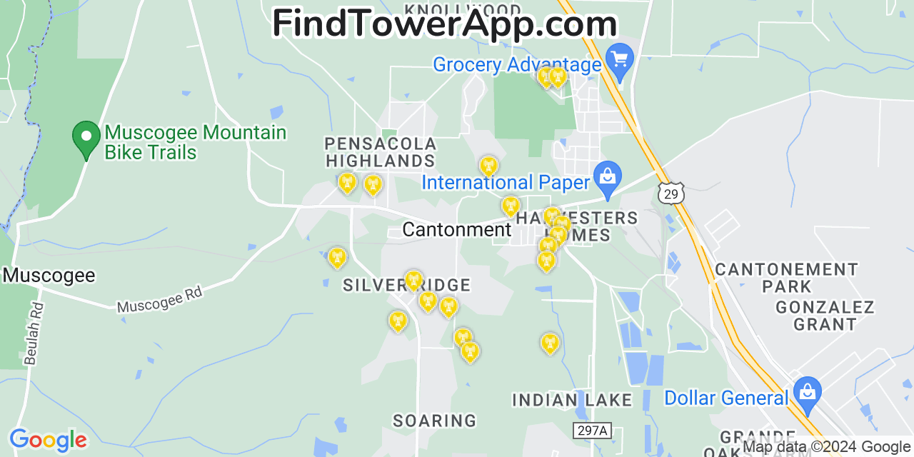 AT&T 4G/5G cell tower coverage map Cantonment, Florida