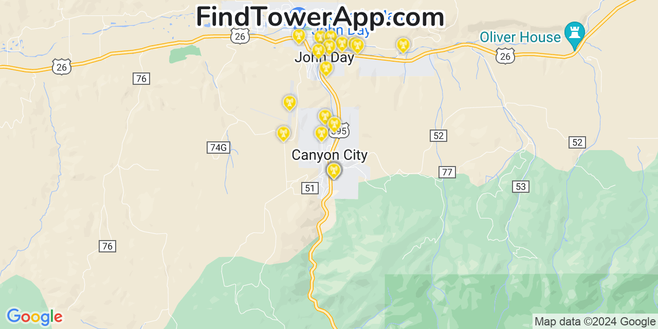 AT&T 4G/5G cell tower coverage map Canyon City, Oregon