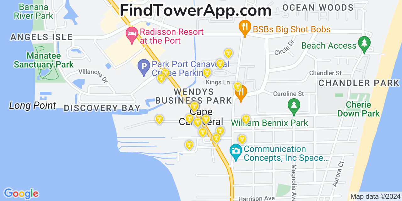 AT&T 4G/5G cell tower coverage map Cape Canaveral, Florida