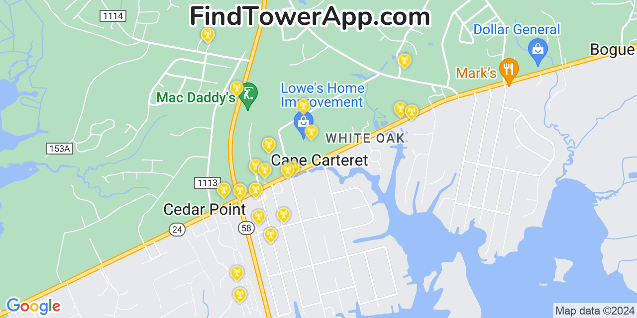 AT&T 4G/5G cell tower coverage map Cape Carteret, North Carolina