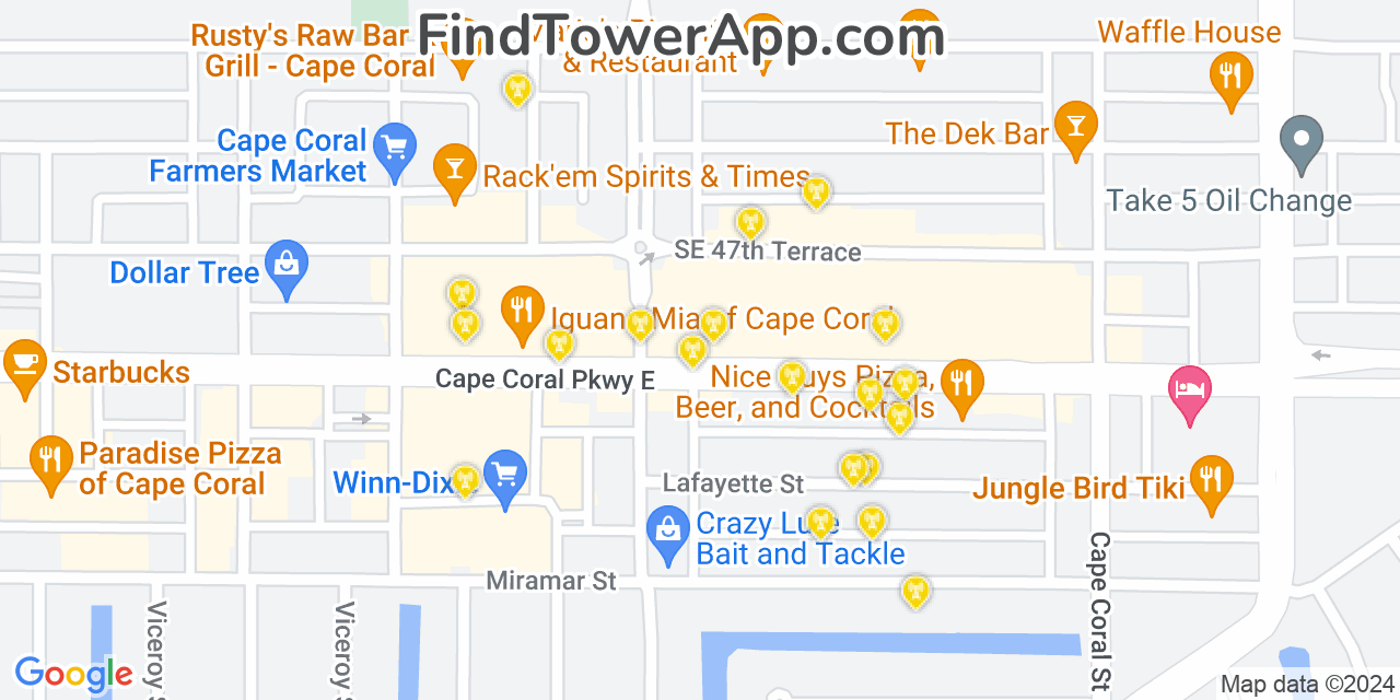 AT&T 4G/5G cell tower coverage map Cape Coral, Florida