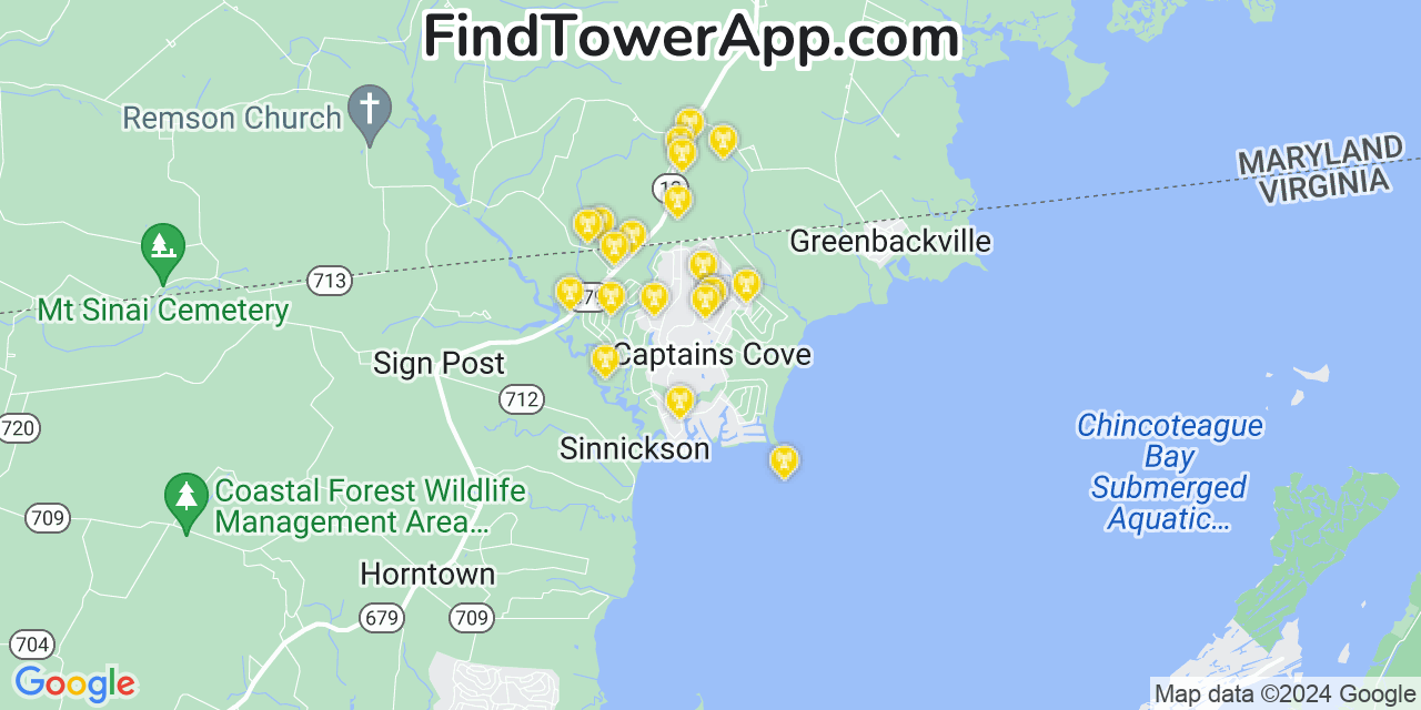 AT&T 4G/5G cell tower coverage map Captains Cove, Virginia