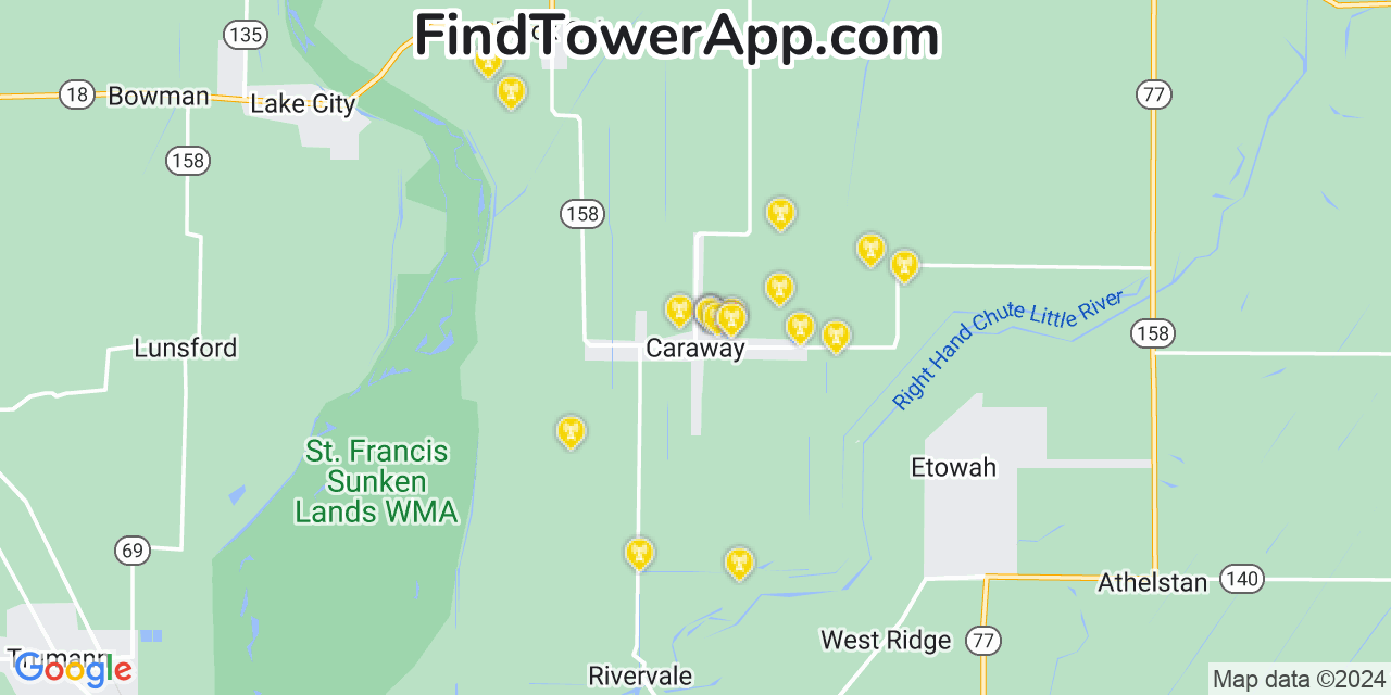 Verizon 4G/5G cell tower coverage map Caraway, Arkansas