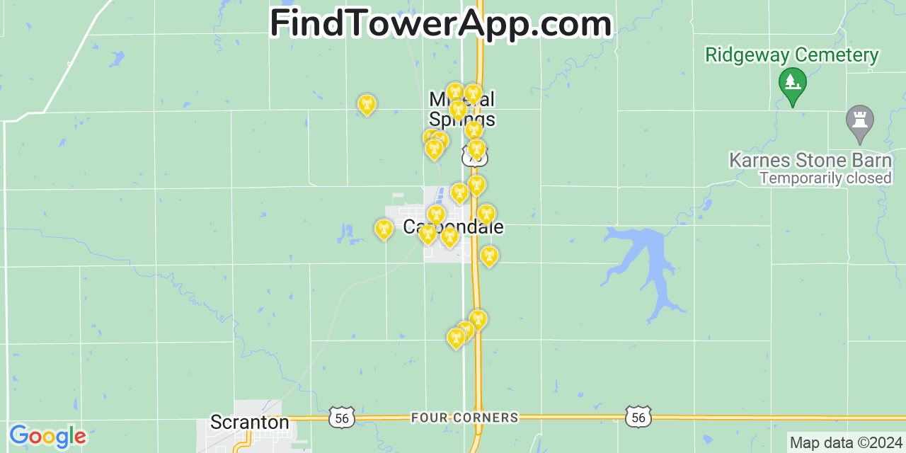 Verizon 4G/5G cell tower coverage map Carbondale, Kansas