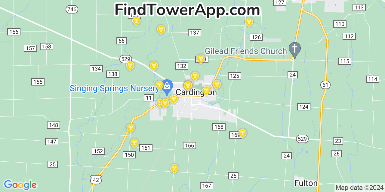 AT&T 4G/5G cell tower coverage map Cardington, Ohio