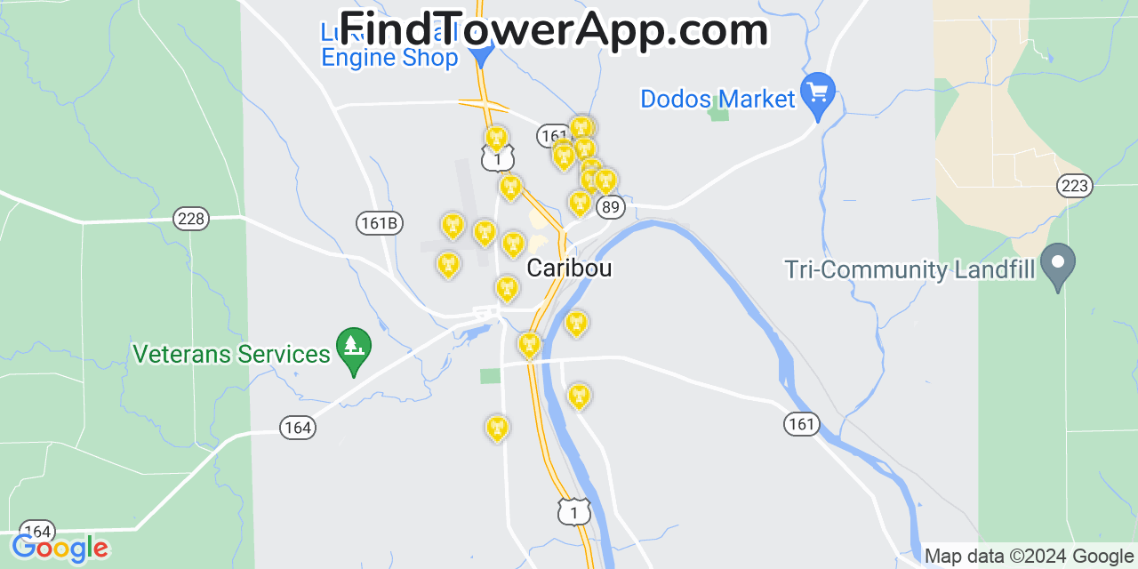 AT&T 4G/5G cell tower coverage map Caribou, Maine