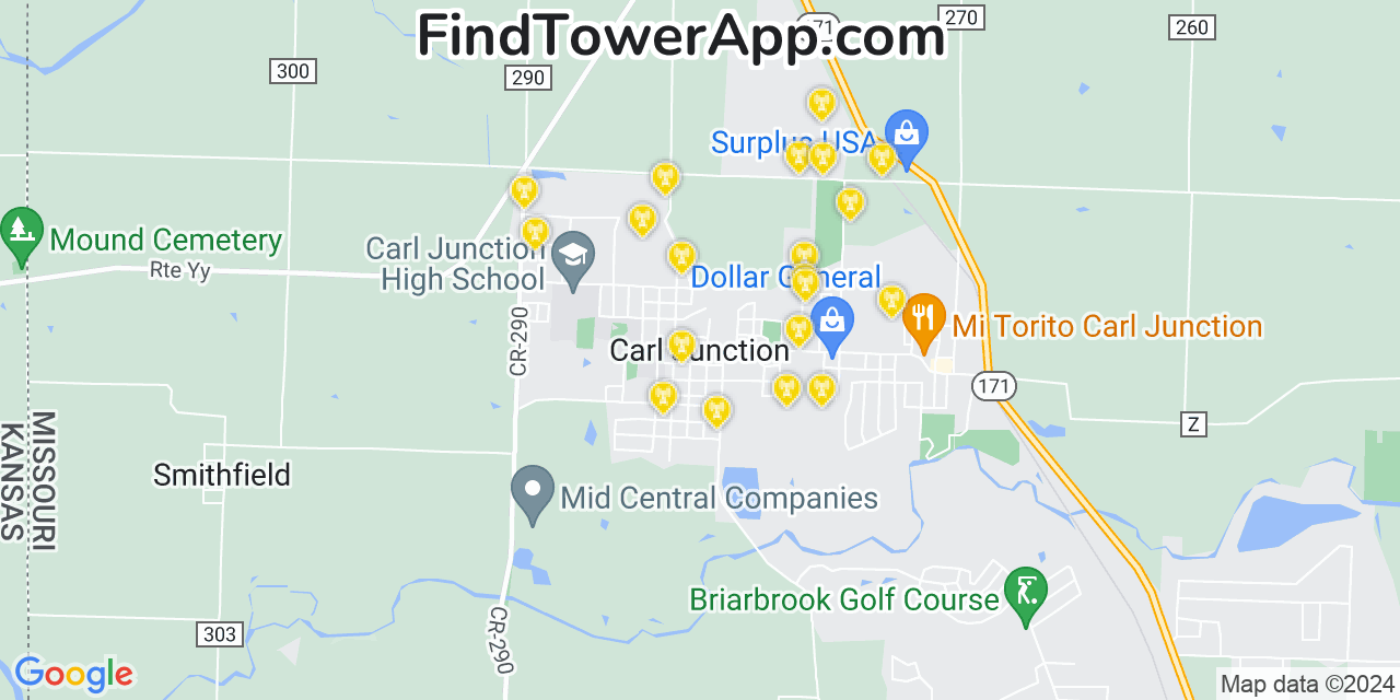 AT&T 4G/5G cell tower coverage map Carl Junction, Missouri
