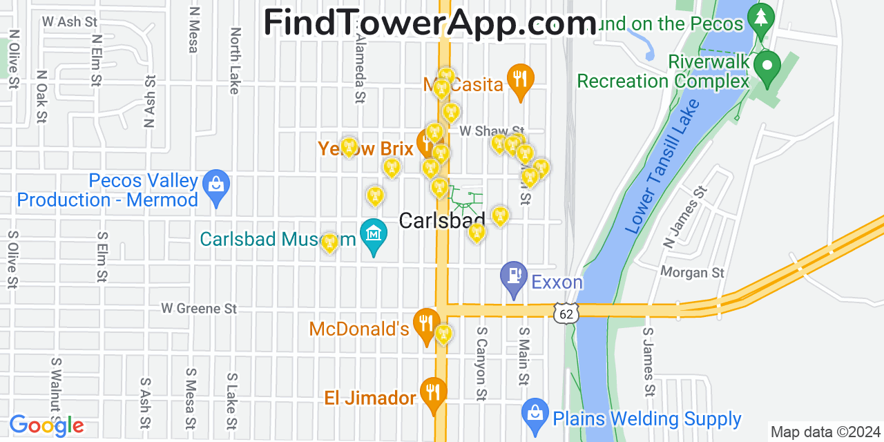 AT&T 4G/5G cell tower coverage map Carlsbad, New Mexico