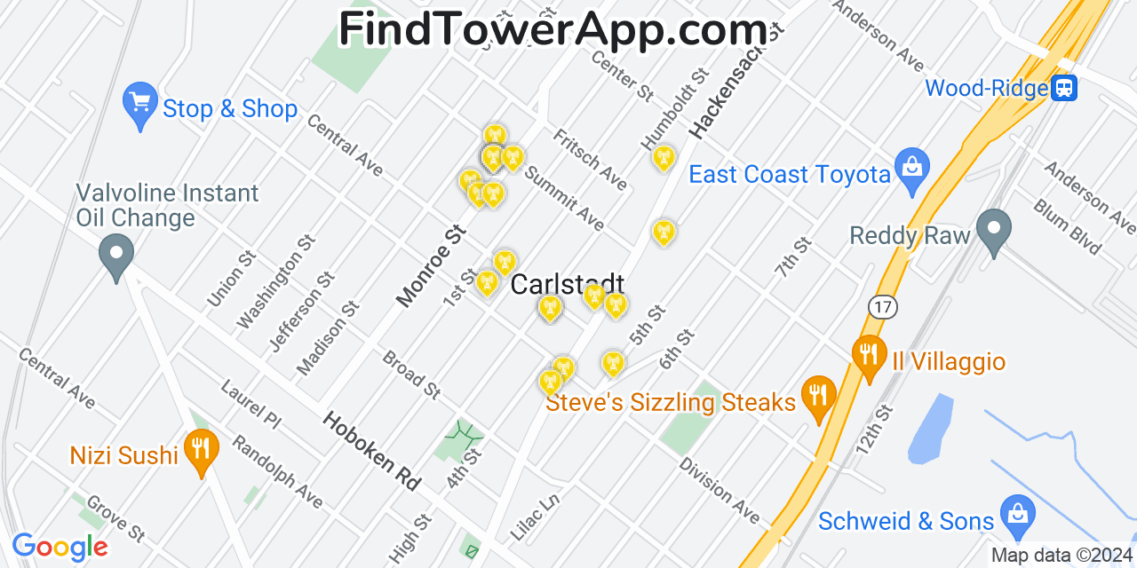 AT&T 4G/5G cell tower coverage map Carlstadt, New Jersey