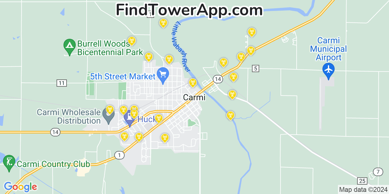 AT&T 4G/5G cell tower coverage map Carmi, Illinois