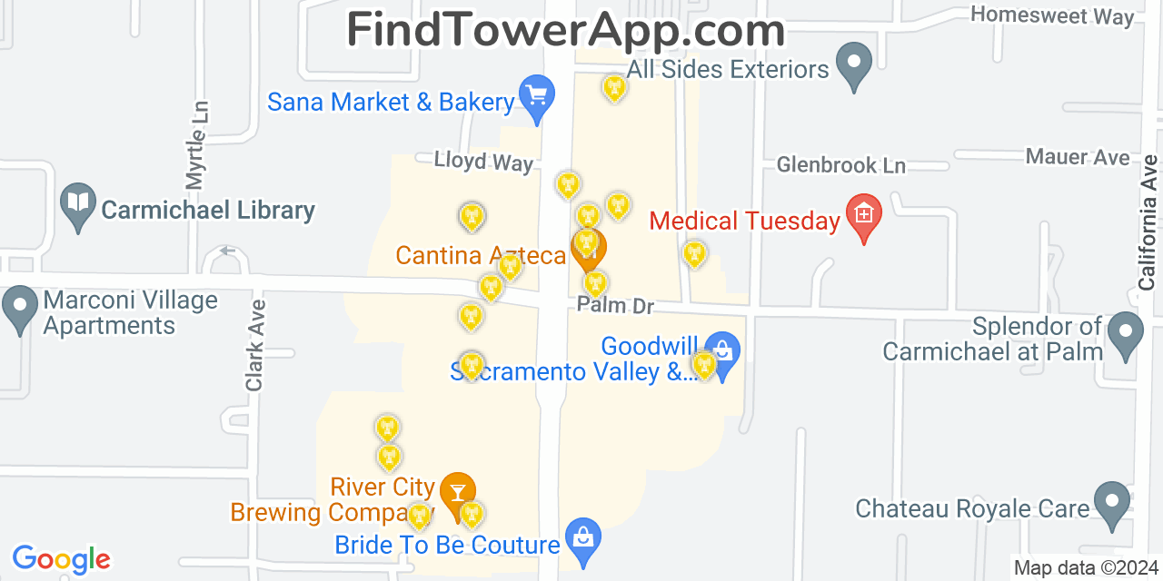 AT&T 4G/5G cell tower coverage map Carmichael, California