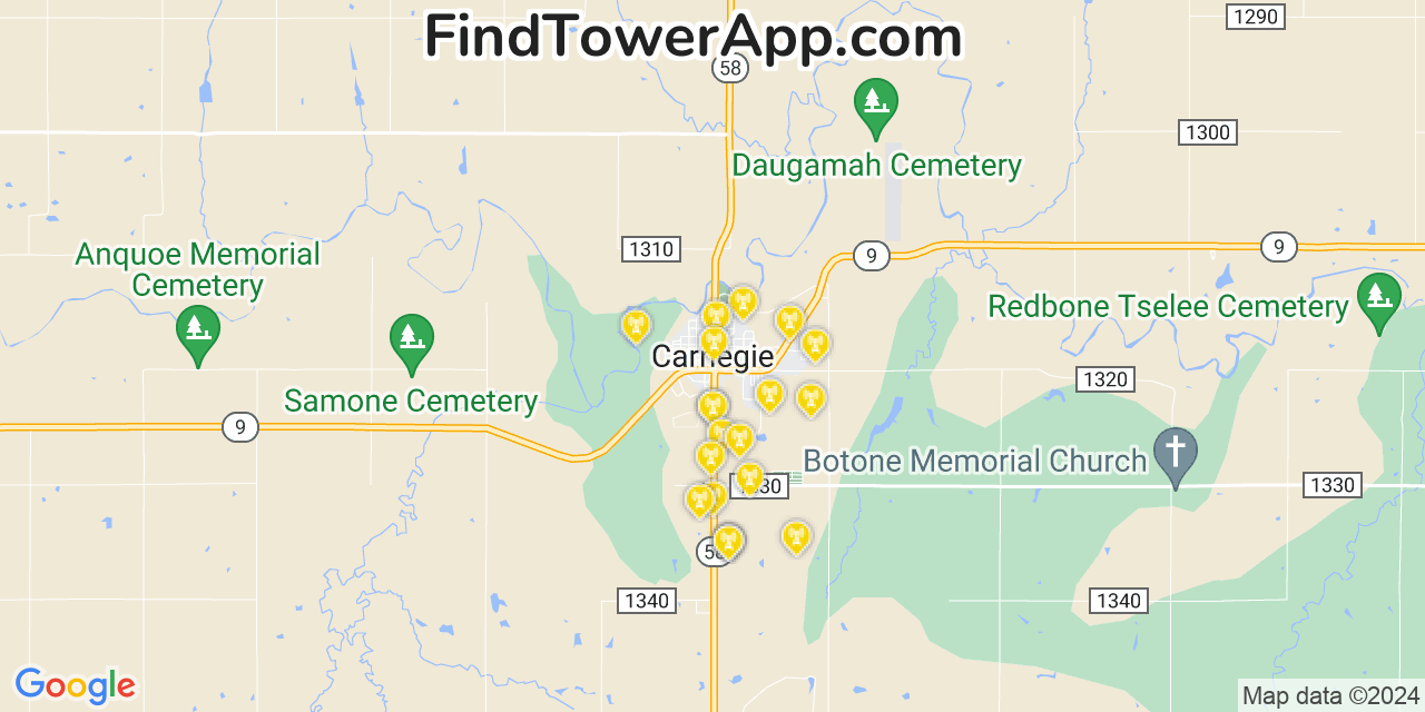 AT&T 4G/5G cell tower coverage map Carnegie, Oklahoma